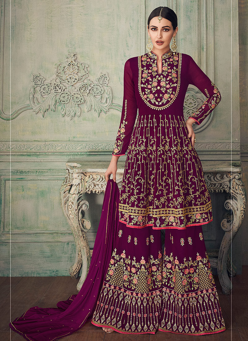 Plum Purple All Embroidered Anarkali Gharara Suit