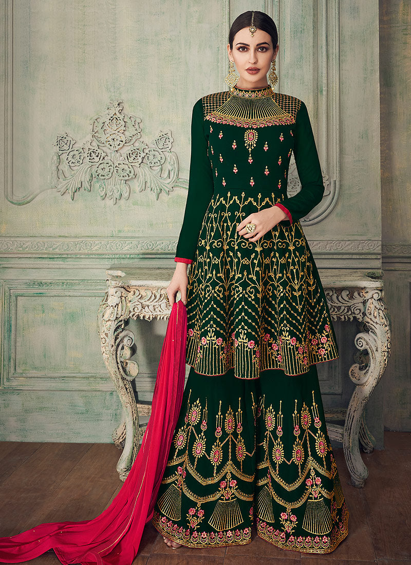 Dark Green And Pink Anarkali Gharara Suit