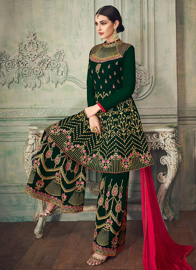 Dark Green And Pink Anarkali Gharara Suit
