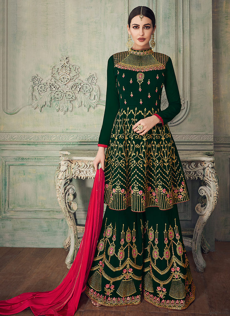Dark Green And Pink Anarkali Gharara Suit