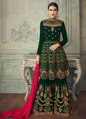 Dark Green And Pink Anarkali Gharara Suit