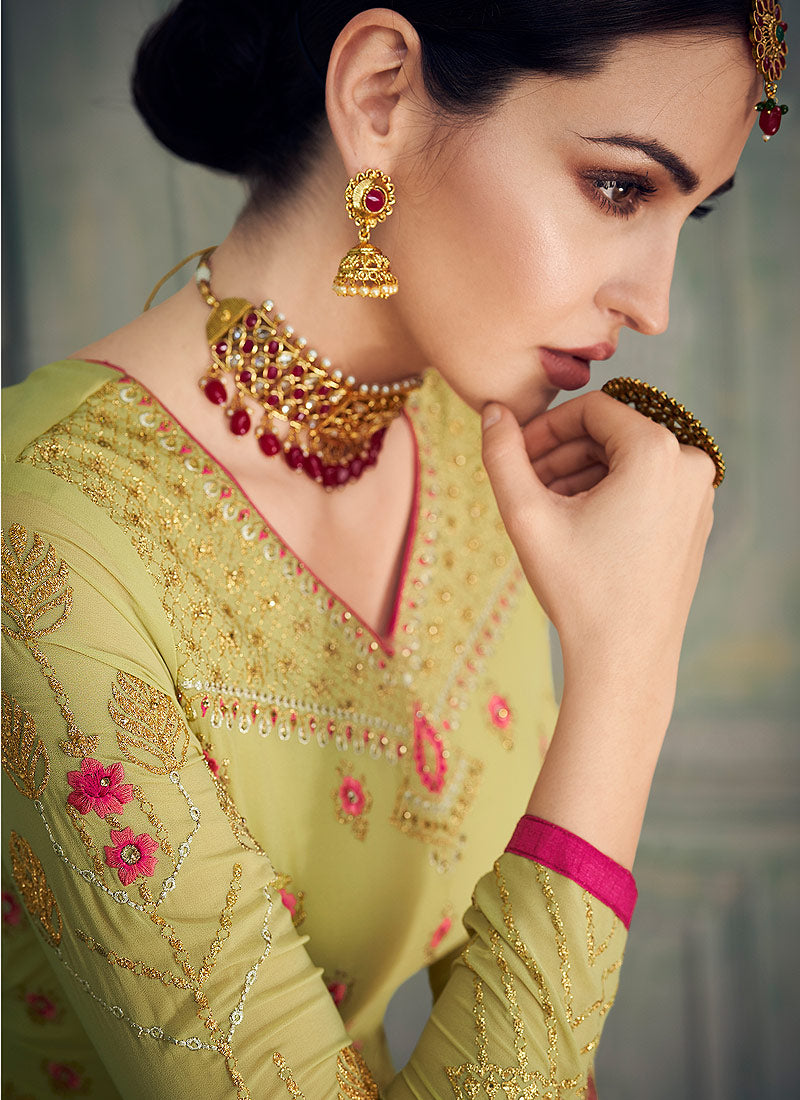 Neon Green And Pink Anarkali Gharara Suit