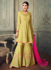 Neon Green And Pink Anarkali Gharara Suit