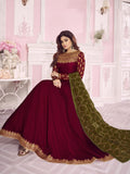 Marron And Green Embroidered Anarkali Suit