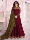 Marron And Green Embroidered Anarkali Suit
