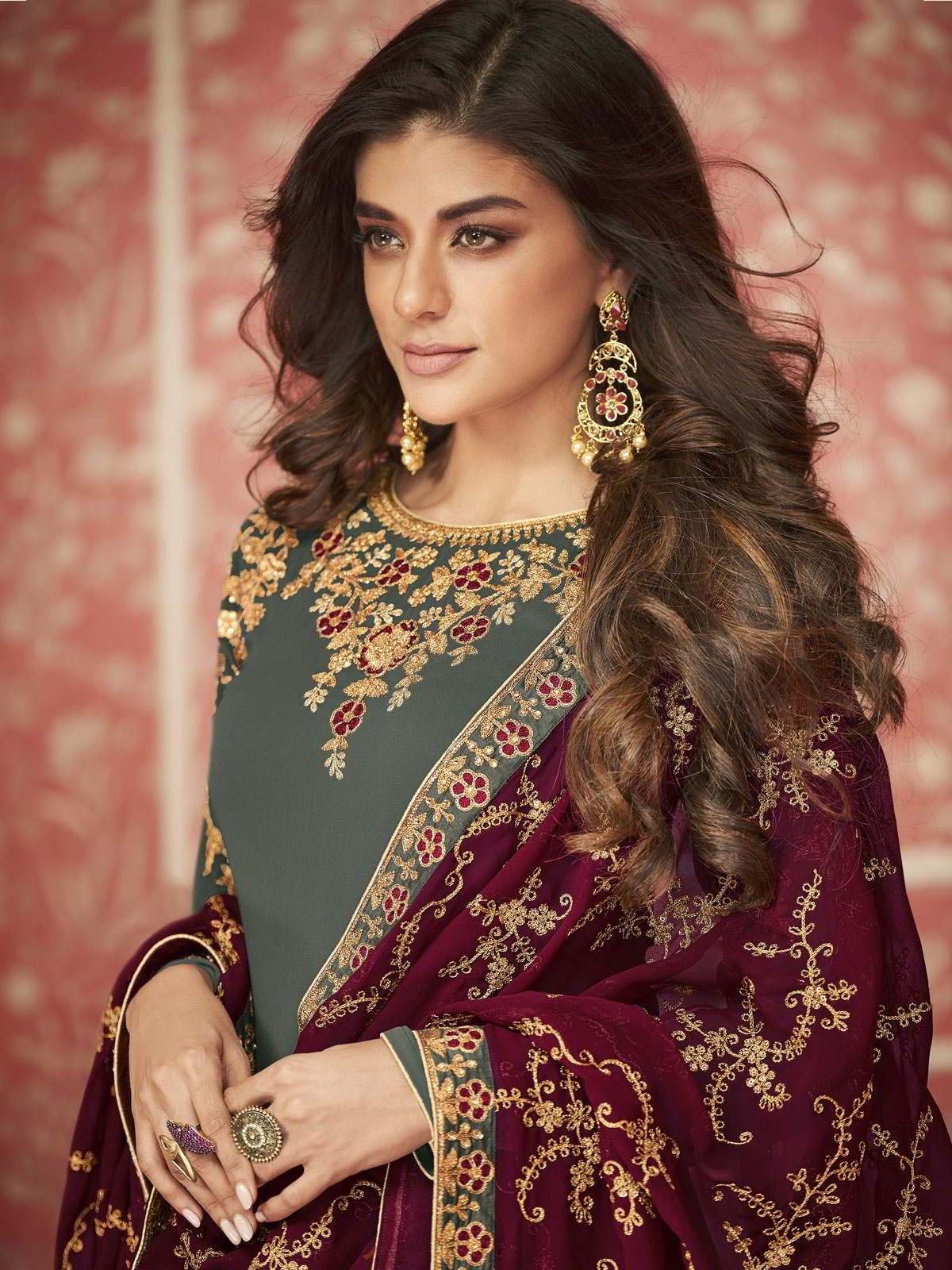 Green And Maroon Zari Embroidered Anarkali Suit