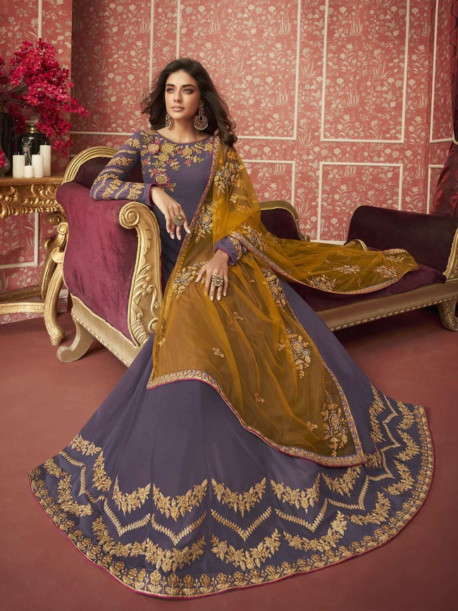 Purple And Yellow Traditional Anarkali Suit