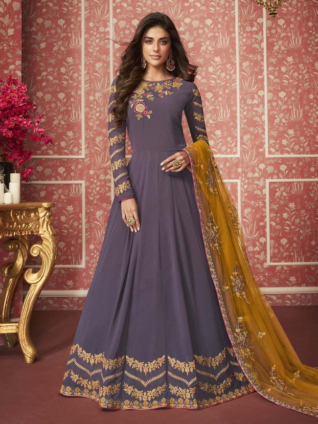 Purple And Yellow Traditional Anarkali Suit