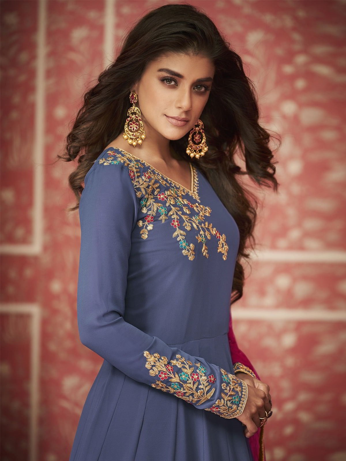 Rust Blue And Pink Traditional Anarkali Suit