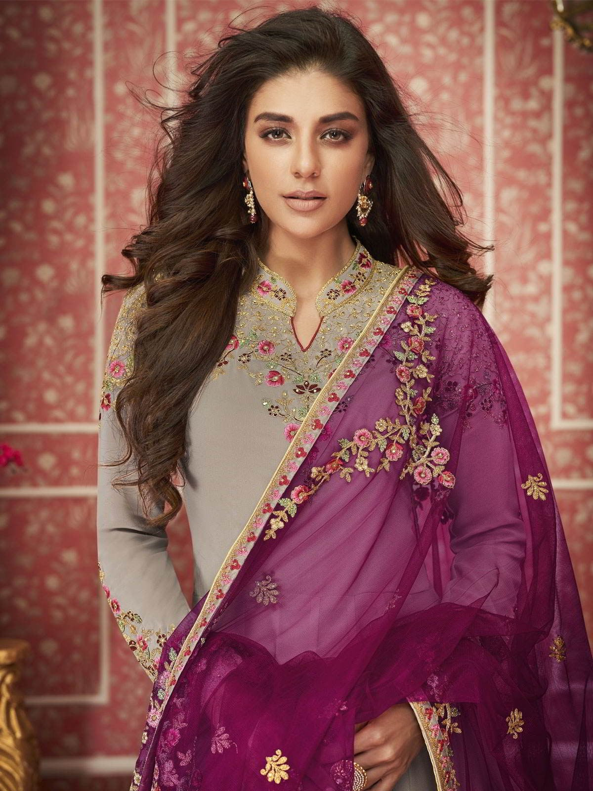Grey And Pink Traditional Anarkali Suit