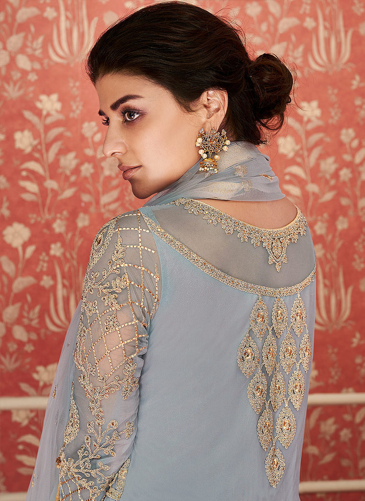 Light Blue Golden Embroidered Anarkali Suit
