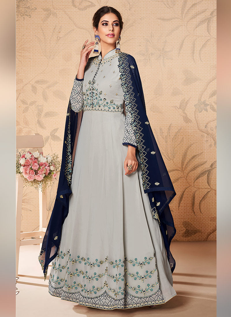 Grey And Blue Floral Embroidered Anarkali Suit