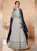 Grey And Blue Floral Embroidered Anarkali Suit