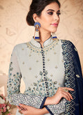 Grey And Blue Floral Embroidered Anarkali Suit