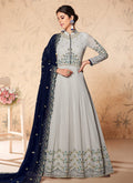 Grey And Blue Floral Embroidered Anarkali Suit