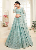 Indian Clothes - Aqua Blue Pearl Embroidered Wedding Lehenga Choli Set