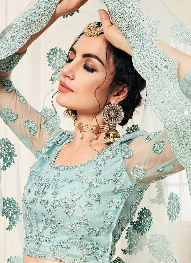 Aqua Blue Pearl Embroidered Wedding Lehenga Choli Set, Salwar Kameez