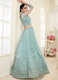 Aqua Blue Pearl Embroidered Wedding Lehenga Choli