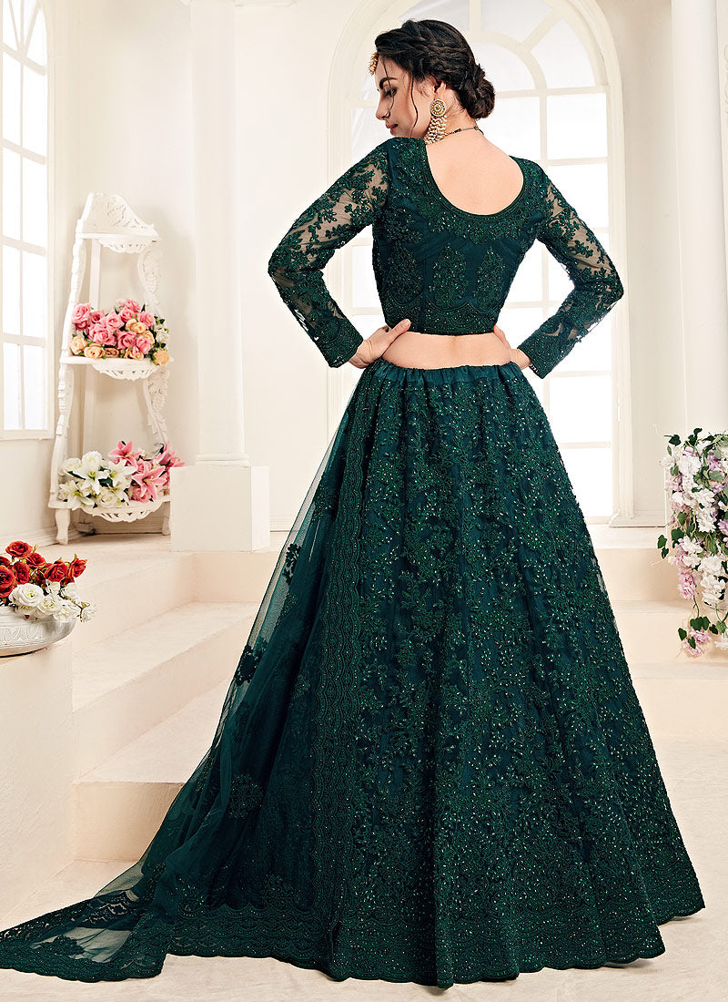 Bottle Green Pearl Embroidered Wedding Lehenga Choli