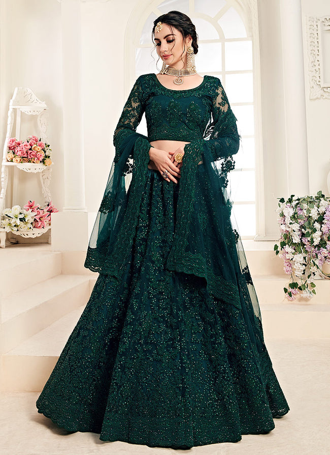 Buy Indian Bottle Green Pearl Embroidered Wedding Lehenga Choli | reellworld.com Fashion Store Buy Indian Bottle Green Pearl Embroidered Wedding Lehenga Choli | reellworld.com Fashion Store