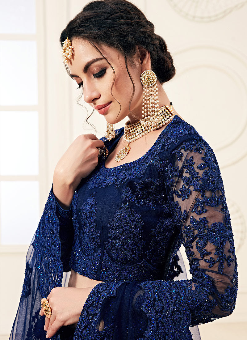 Navy Blue Pearl Embroidered Wedding Lehenga Choli, Lehenga