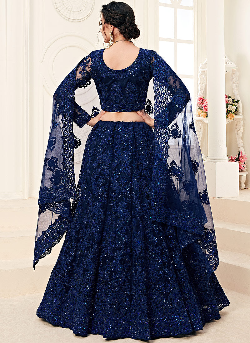Navy Blue Pearl Embroidered Wedding Lehenga Choli
