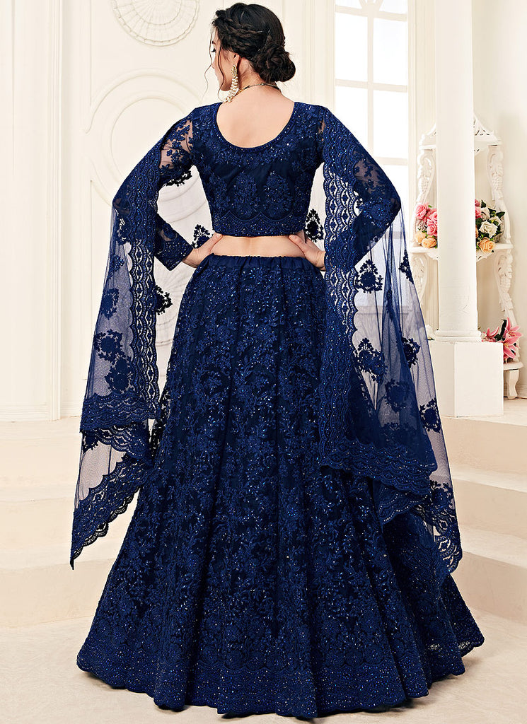 Navy Blue Pearl Embroidered Wedding Lehenga Choli