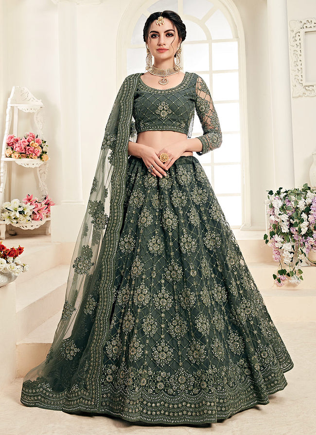 Indian Clothes - Olive Green Pearl Embroidered Wedding Lehenga Choli