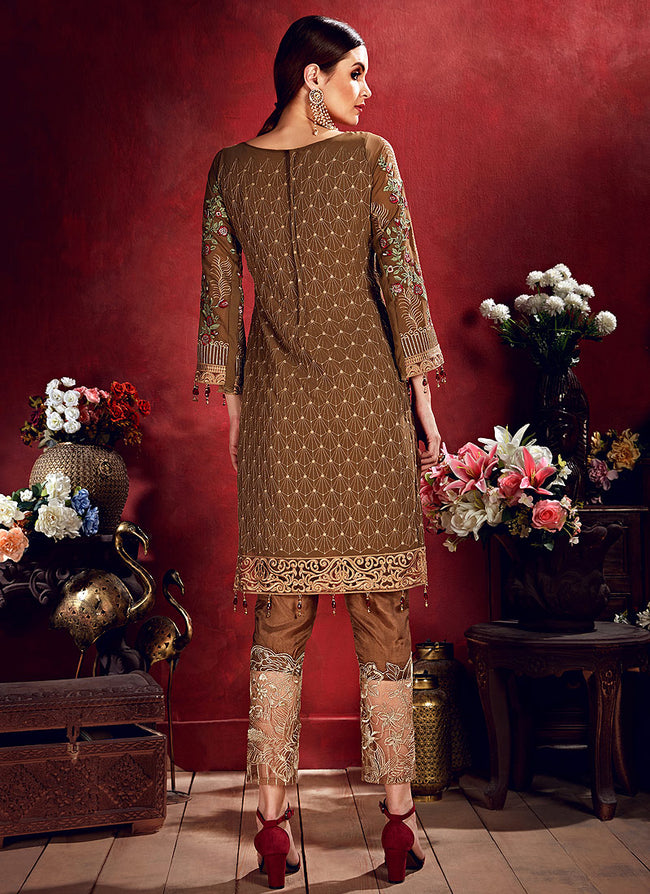 Buy Brown Beige Embroidered Pakistani Pants Suit for Women Online in ...