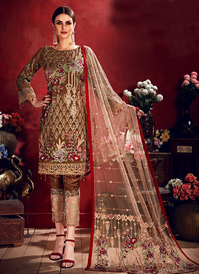 Indian Clothes - Brown Beige Embroidered Pakistani Pants Suit