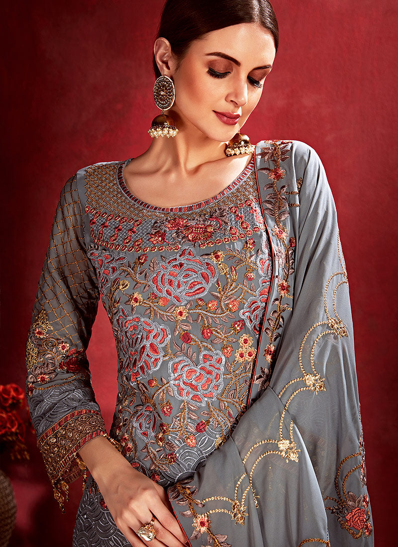 Grey Embroidered Pakistani Pants Suit, Salwar Kameez
