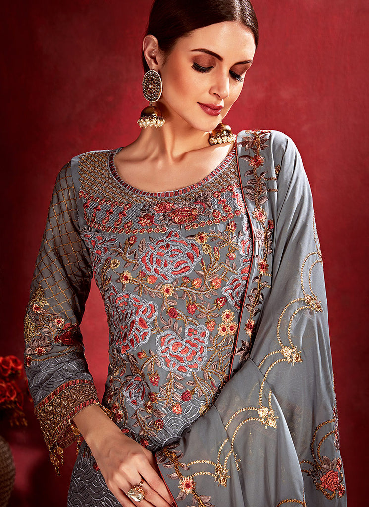 Grey Embroidered Pakistani Pants Suit, Salwar Kameez