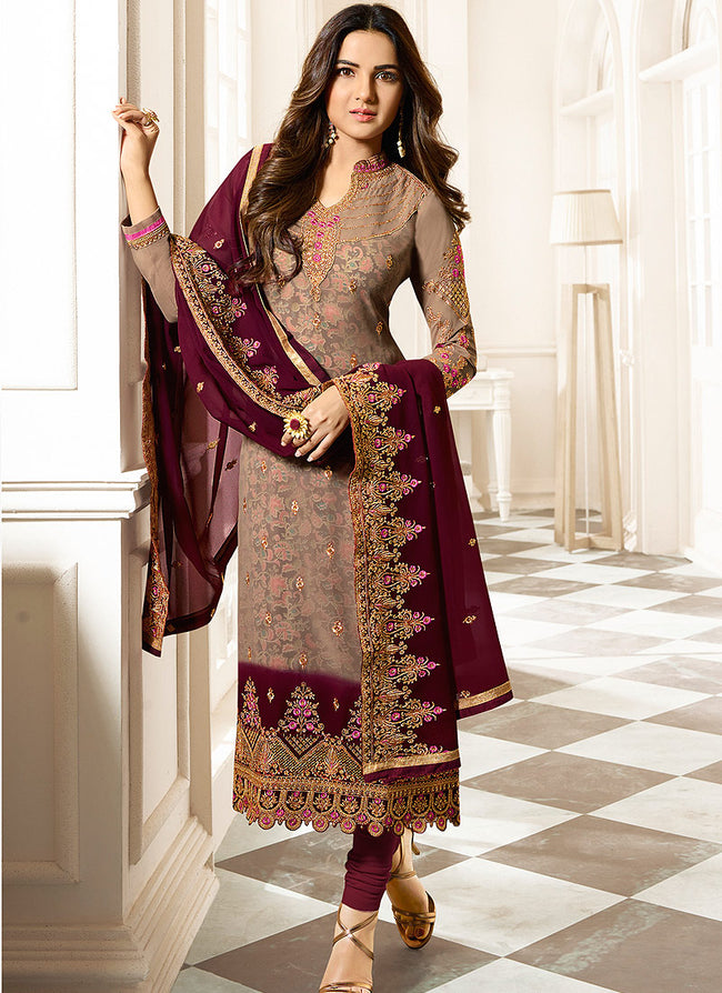 Brown Dual Tone Ethnic Embroidered Pakistani Pant Suit