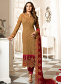 Mustard Yellow And Red Ethnic Embroidered Pakistani Pant Suit