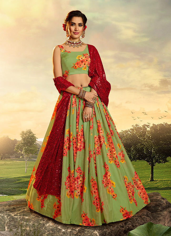 Buy Green Georgette Floral Lehenga Choli With Dupatta for Women