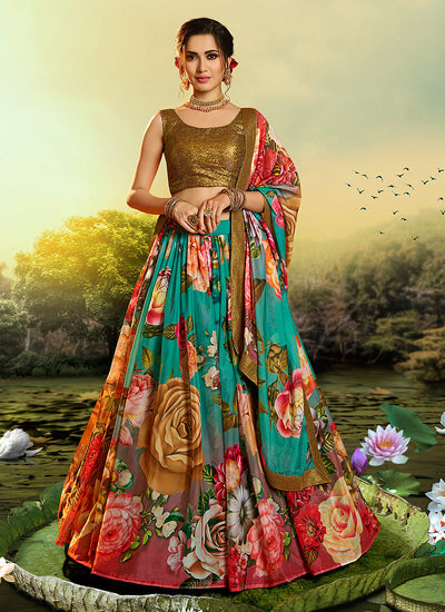 Turquoise Multicoloured Floral Printed Lehenga Choli