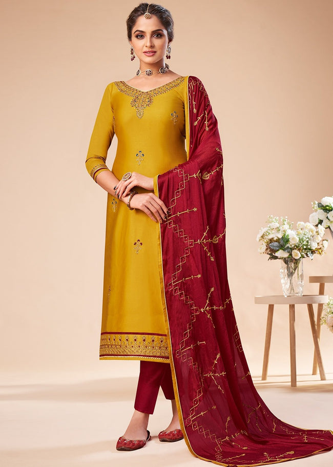 Mustard Gold Silk Suit Set Red Dupatta | Beautiful 8 Color Variatian