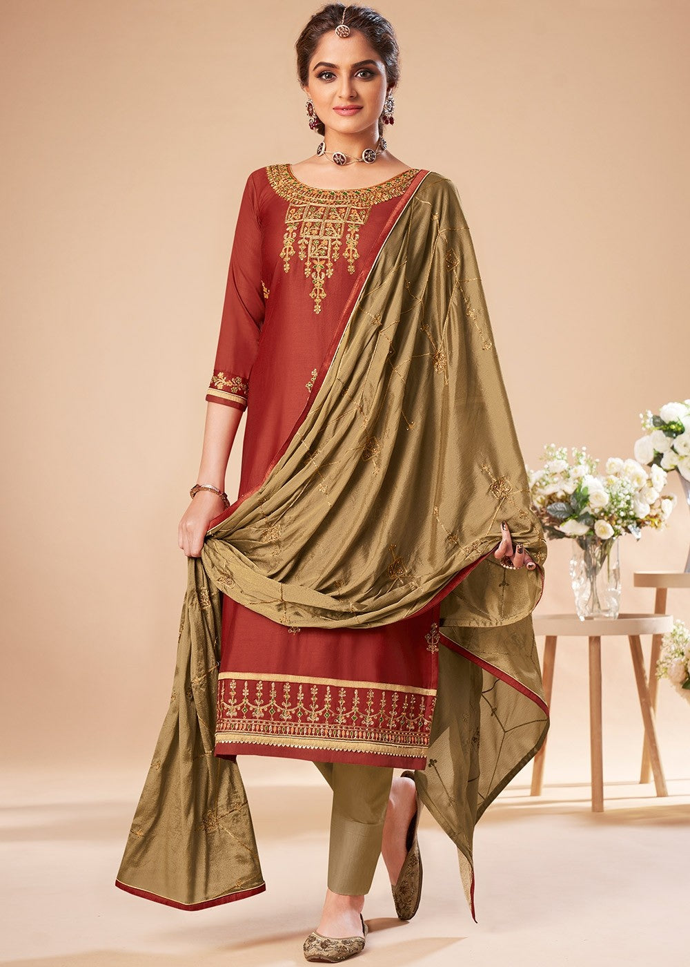 Orange And Ochre Embroidered Salwar Suit