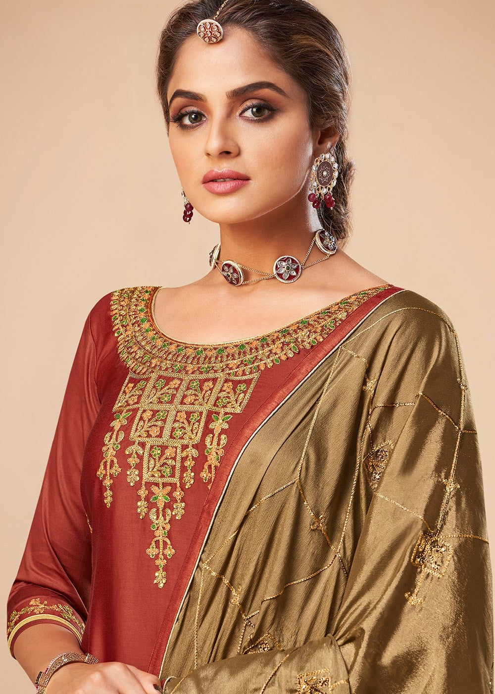 Indian Clothes - Orange And Ochre Embroidered Salwar Suit In usa uk canada