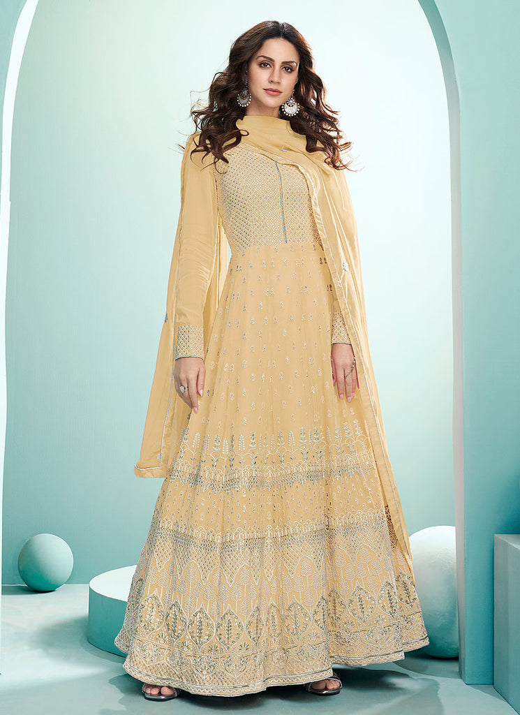 Pale Yellow Lucknowi Embroidered Anarkali Suit