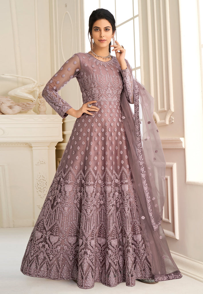 Mauve Embroidered Wedding Anarkali Suit