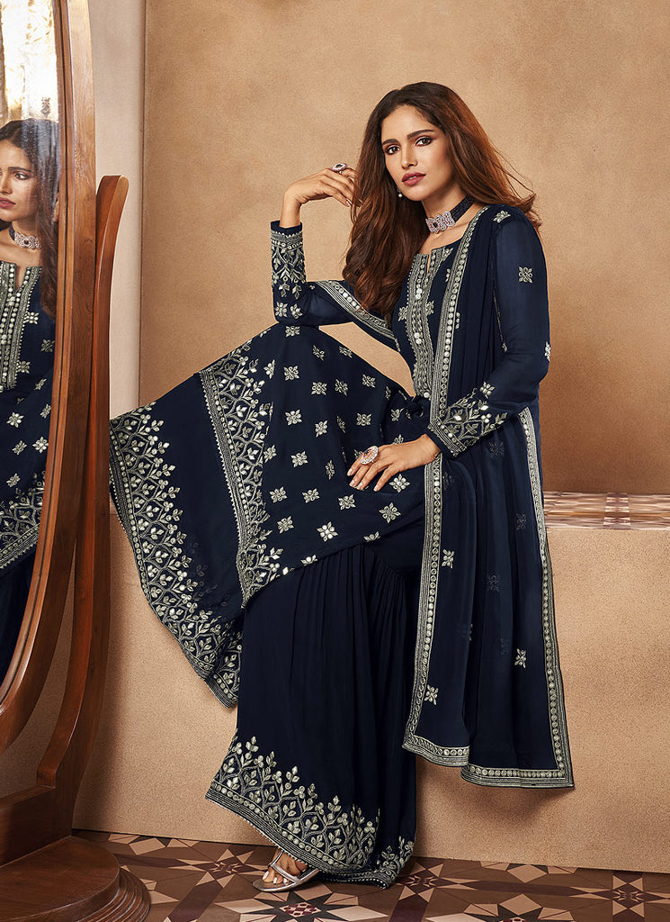 Navy Blue Mirror Designer Gharara Suit In Canada