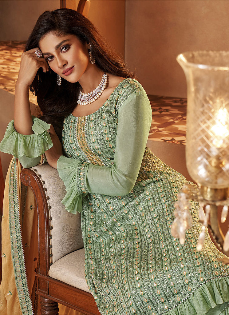 Pista Green Designer Gharara Suit In Usa