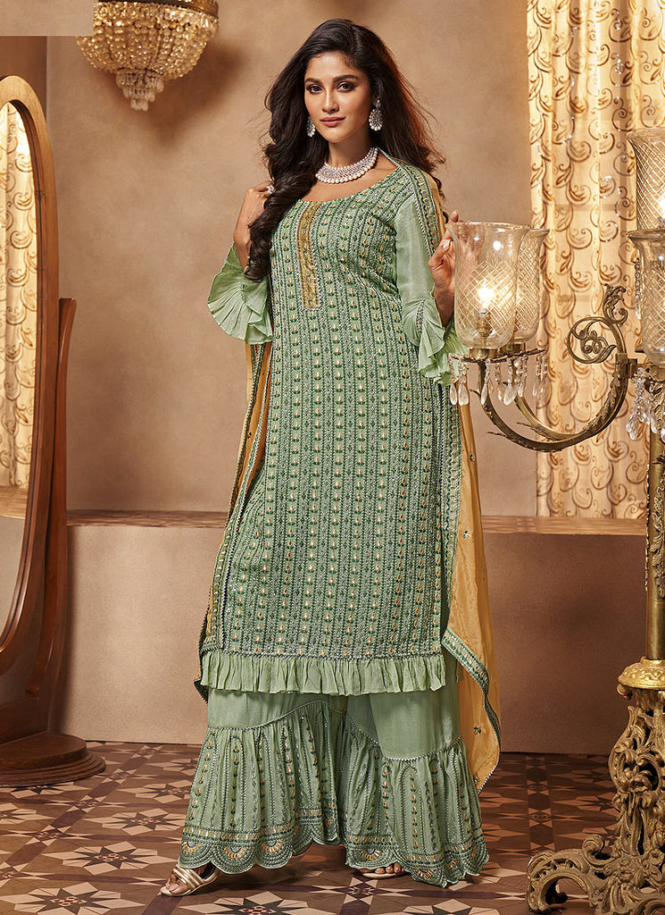 Pista Green Mirror Embroidered Designer Gharara Suit 