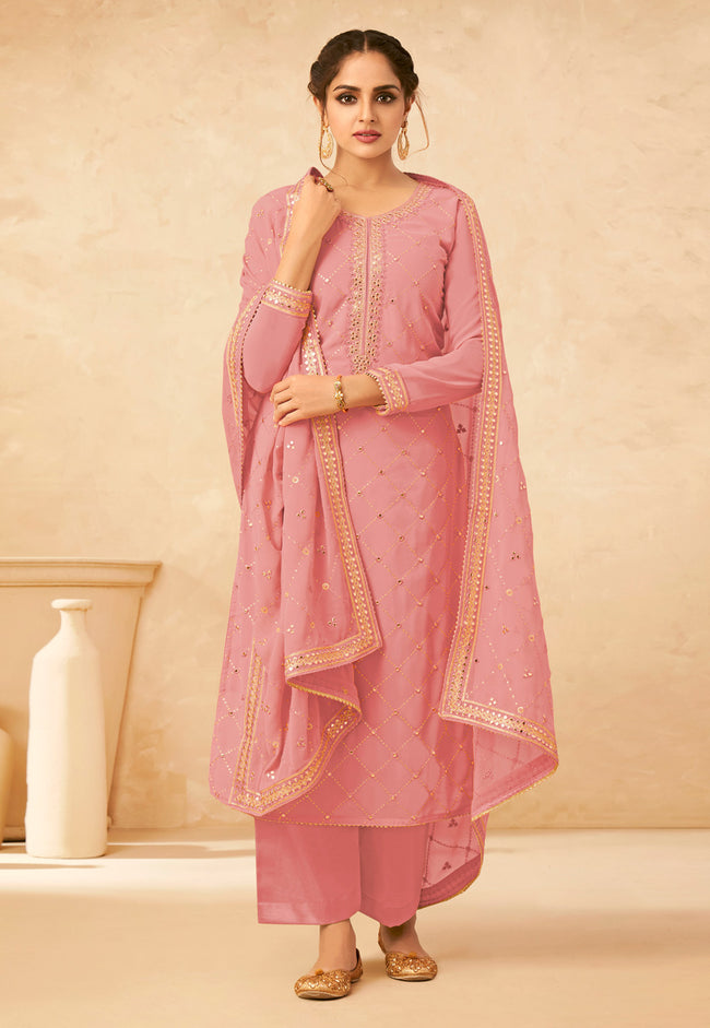 Pink Golden Embroidered Palazzo Suit