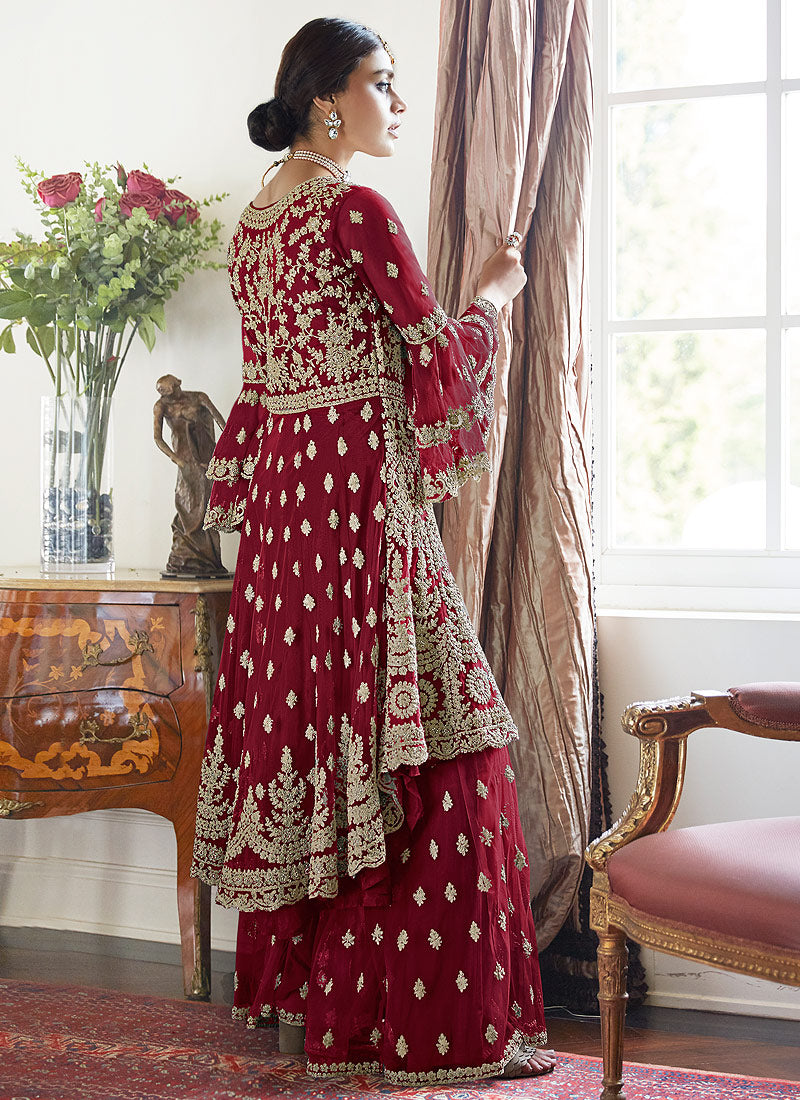 Indian Clothes - Red Beige Multi Embroidered Designer Gharara Suit