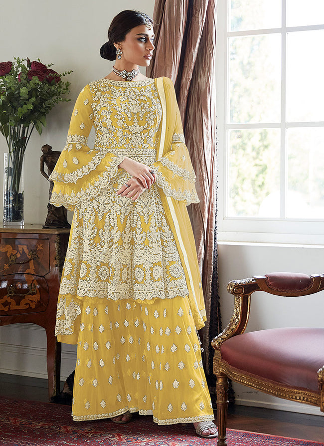 Buy Yellow Multi Embroidered Designer Sharara Suit In USA UK Canada Australia Newzeland online