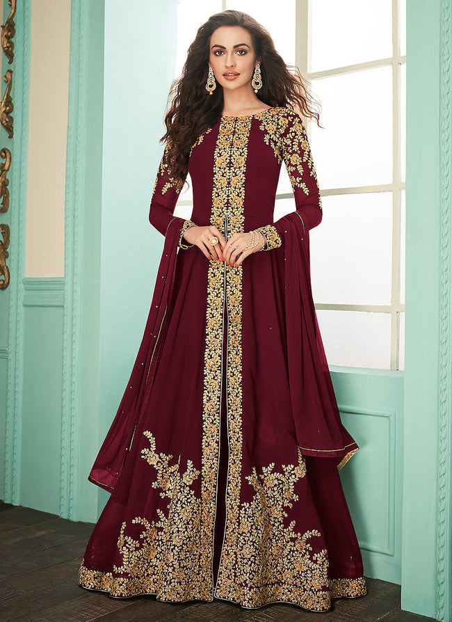 Maroon Color Butterfly Net Designer Pakistani Style Long Salwar Kameez  -3676148961 | Heenastyle