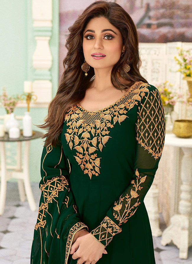 Indian Clothes - Green Golden Embroidered Designer Anarkali Suit