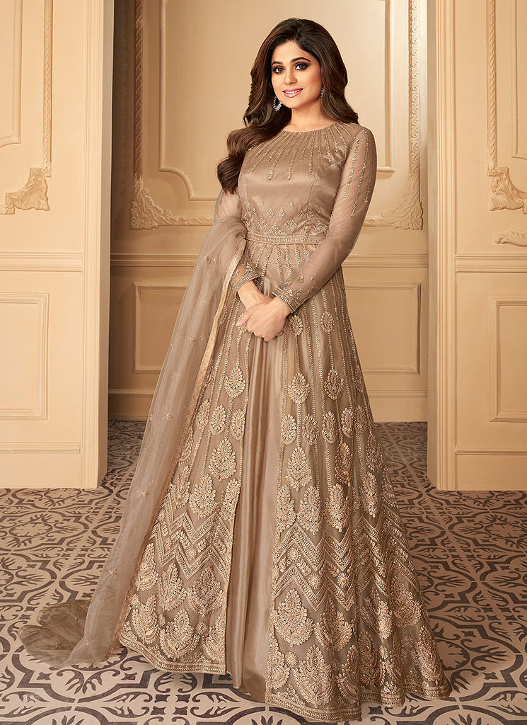 Beige Golden Anarkali Lehenga